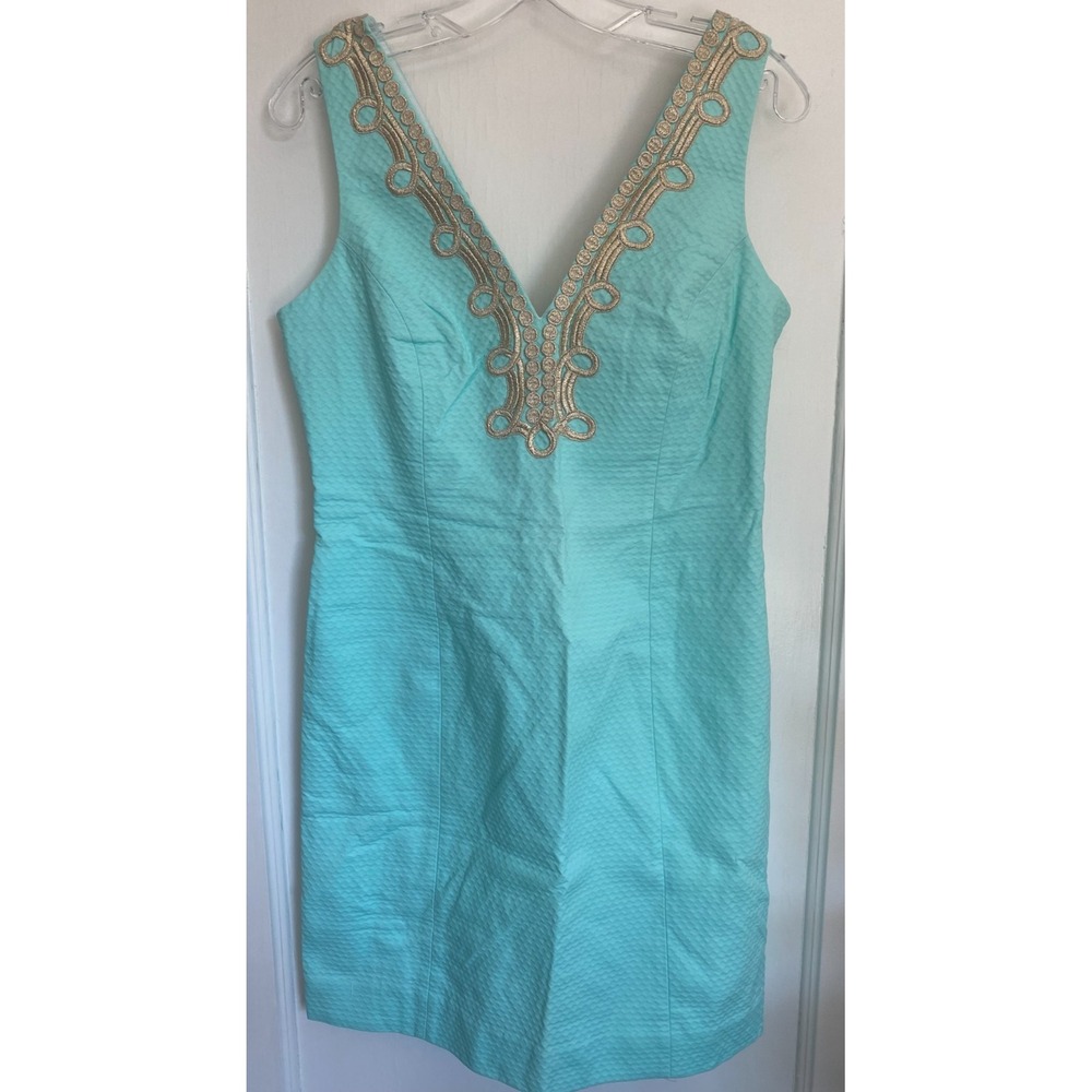 Lilly Pulitzer Bentley Shift Dress Gold Embroidered Sz 10 NWT Blue Turquoise
